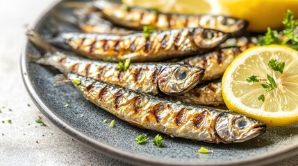 Canvas Print - Savory Grilled Mackerel Fish with Lemon Wedges