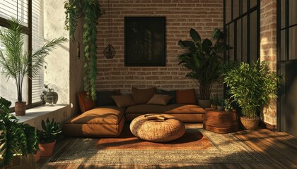 Wall Mural - Cozy Living Room with Brick Wall, Plants, and Sectional Sofa