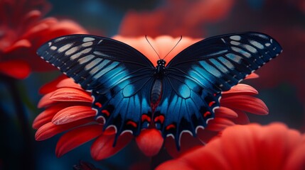 A blue butterfly is sitting on a red flower