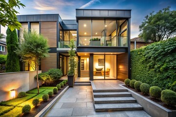 A sleek townhouse boasts a glass facade amidst lush greenery, a modern patio, and a minimalist pathway leading to a metallic front door.