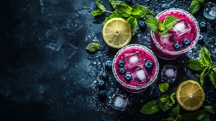 Two drinks with ice and blueberries and a lemon on the table