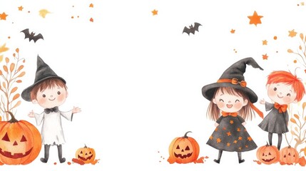 Wall Mural - A Halloween themed drawing of three children with a witch and a pumpkin