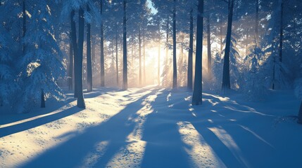 Poster - Sunbeams Through Snow-Covered Trees in a Winter Forest