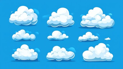 Wall Mural - Cartoon fluffy clouds dance against a vibrant blue sky in this fun and modern vector illustration. Perfect for design