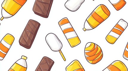 Canvas Print - Celebrate Halloween with a fun pattern of candy corn, chocolate bars, and lollipops on a clean, vibrant background.