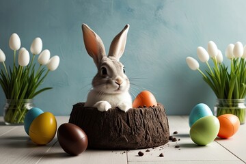 Sticker - Easter Bunny Emerging from Cozy Nook Surrounded by Playful Chocolate Eggs on Serene Wall Background