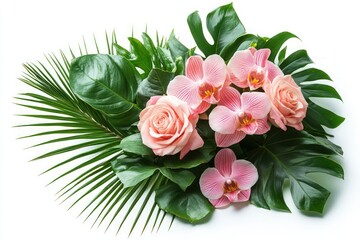 Wall Mural - A beautiful arrangement of pink roses and orchids with tropical leaves on a white background.