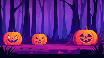 Wall Mural - A spooky twilight in a haunted forest where grinning jackolanterns peek through the mist fills the air with Halloween spirit.