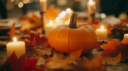 Sticker - Pumpkin on a Table with Candles and Autumn Leaves