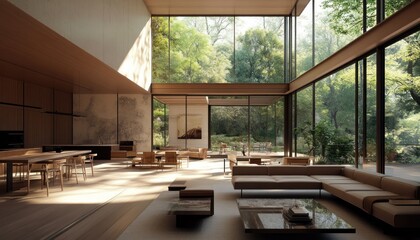 Poster - Modern Living Room with Large Windows and a View of Trees