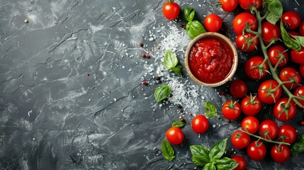 A bowl of red sauce is on a table with a bunch of tomatoes and basil