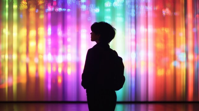 A silhouette of a person standing in front of a colorful light wall, with the lights casting dynamic reflections and patterns