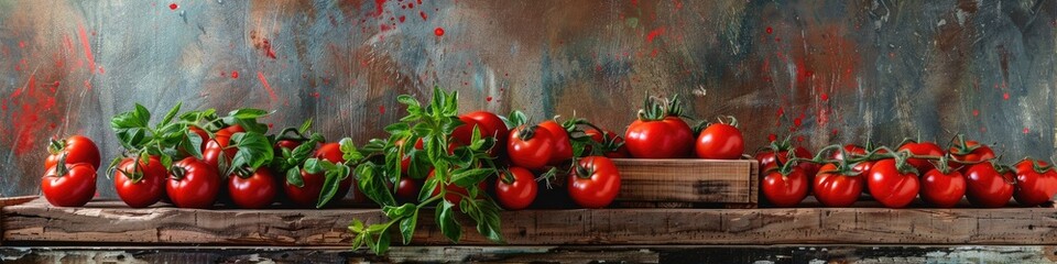 Poster - Tomato collection featuring zesty herbs and spices in a wooden container on a weathered surface.