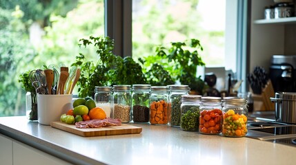 minimalist kitchen, meal prep area with organized glass jars, fresh vegetables and lean meats neatly arranged, clean countertops, tidy utensils, bright natural light, healthy and streamlined