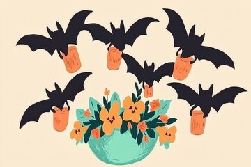 Sticker - Bats Flying with Buckets Over a Flower Pot