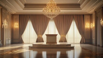 Poster - A podium placed in a luxurious hotel ballroom, adorned with chandeliers and elegant drapery.