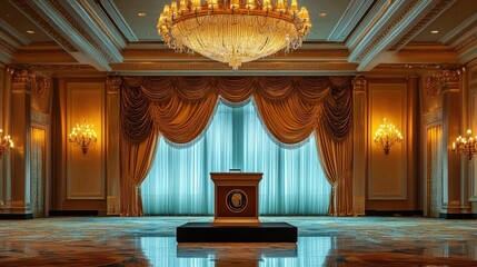 Poster - A podium placed in a luxurious hotel ballroom, adorned with chandeliers and elegant drapery.