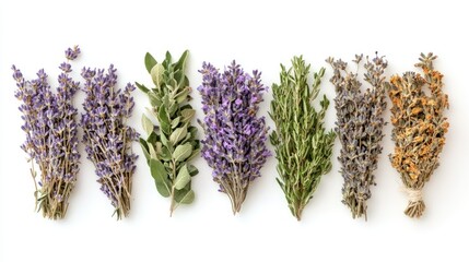 A row of dried herbs, including lavender, thyme, rosemary, and sage, arranged on a white background.