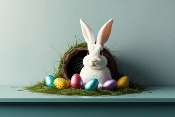 Sticker - Easter Bunny Emerging from Cozy Hole Surrounded by Playful Chocolate Eggs on Tranquil Wall Scene