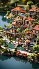 Canvas Print - modern generic contemporary style miniature model of houses and trees of a landscaped neighborhood with tilt-shif 