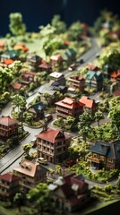 Poster - modern generic contemporary style miniature model of houses and trees of a landscaped neighborhood with tilt-shift 