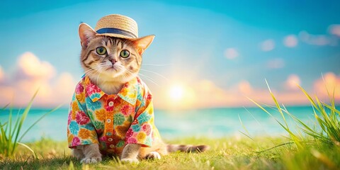 A cute cat wearing summer clothes enjoying the warm weather