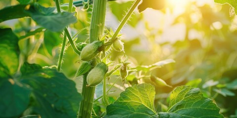 Canvas Print - Flowering cucumber vines ascending a trellis in an organic agriculture context