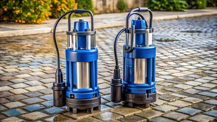 two household submersible pumps with plastic housings on stone floor