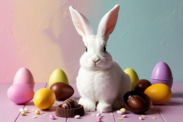 Wall Mural - Cute Easter Bunny with Chocolate Eggs Against a Soft Pastel Background