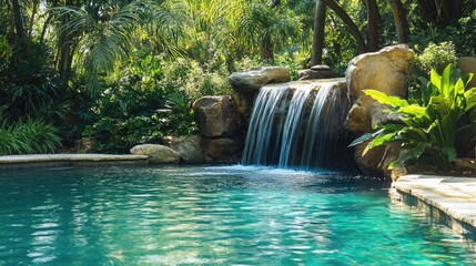 A tranquil pool with a natural stone waterfall, lush landscaping, and a peaceful, serene environment.