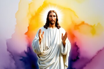 Jesus Christ Illuminated Against a Vibrant Watercolor Background of Faith and Spirituality