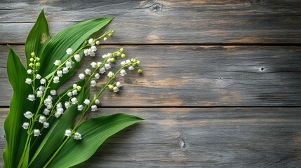 Wall Mural - A bouquet of lily of the valley flowers on a rustic wooden background, with space for text or design.