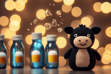 Sticker - Cute Crochet Cow with Bottles and Bokeh Lights