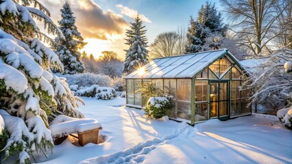 Backyard greenhouse covered in fresh snow, creating a tranquil winter scene