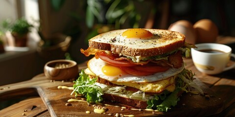 Canvas Print - Nutritious Sandwich with a Fried Egg, Tomato, and Cabbage Served on a Breakfast Table Accompanied by Coffee