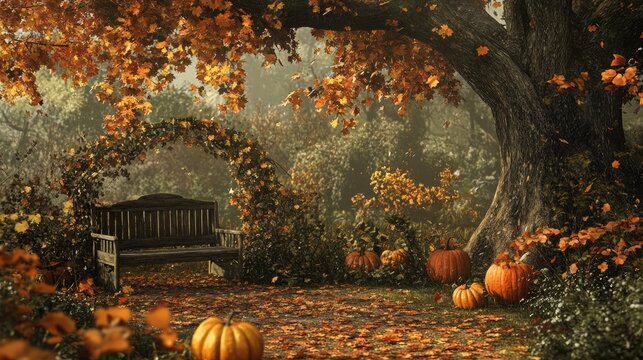 Autumn garden with falling leaves, pumpkins, and a rustic bench under a large oak tree.