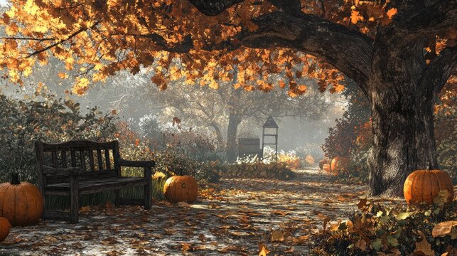 Autumn garden with falling leaves, pumpkins, and a rustic bench under a large oak tree.