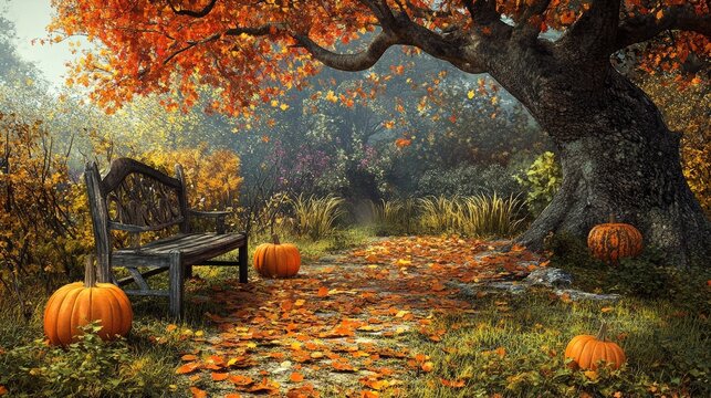 Autumn garden with falling leaves, pumpkins, and a rustic bench under a large oak tree.