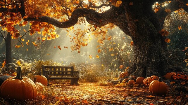 Autumn garden with falling leaves, pumpkins, and a rustic bench under a large oak tree.