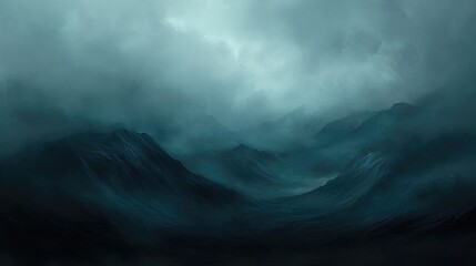 Poster - Abstract, flowing mountain shapes under a dark, cloudy sky, forming a moody and obscure landscape that feels both mystic and foreboding