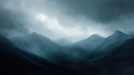 Poster - Abstract, flowing mountain shapes under a dark, cloudy sky, forming a moody and obscure landscape that feels both mystic and foreboding