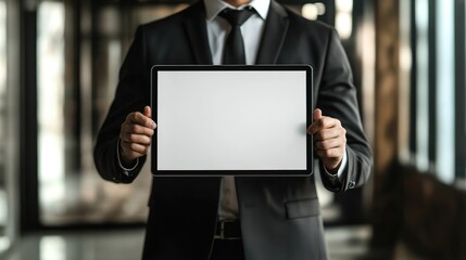 Poster - Businessman presenting with an empty touchscreen template in a modern office setting, ideal for corporate presentations and mockup concepts.