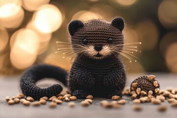 Canvas Print - Cute Crochet Black Cat Sitting with Bokeh Background