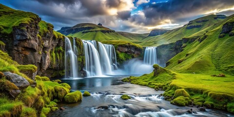 Wall Mural - Majestic icelandic waterfall surrounded by green moss and grass with fresh glacier water , iceland, waterfall, nature, majestic