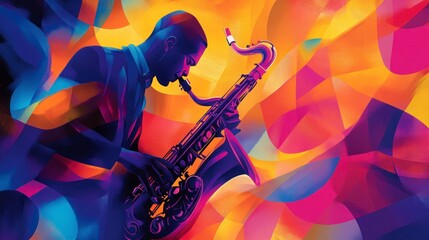 Wall Mural - Saxophone Player with Vibrant Background