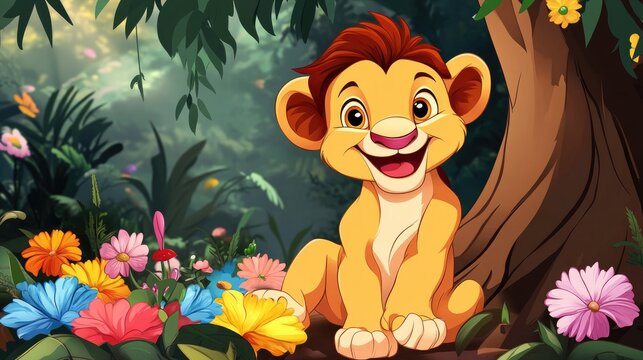 A cute lion cartoon cub with a big smile, sitting under a tree in the jungle, surrounded by colorful flowers