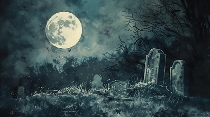 Graveyard Under Full Moon with Tombstones