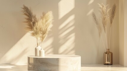 Wall Mural - Home product display with round marble podium, vase, pampas grass, and warm shadows in aesthetic setting