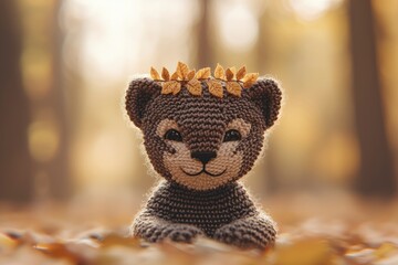 Poster - Adorable Crochet Lion Cub with Autumn Leaves Crown in Forest Setting