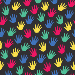 Poster - seamless pattern of colorful handprints on black background